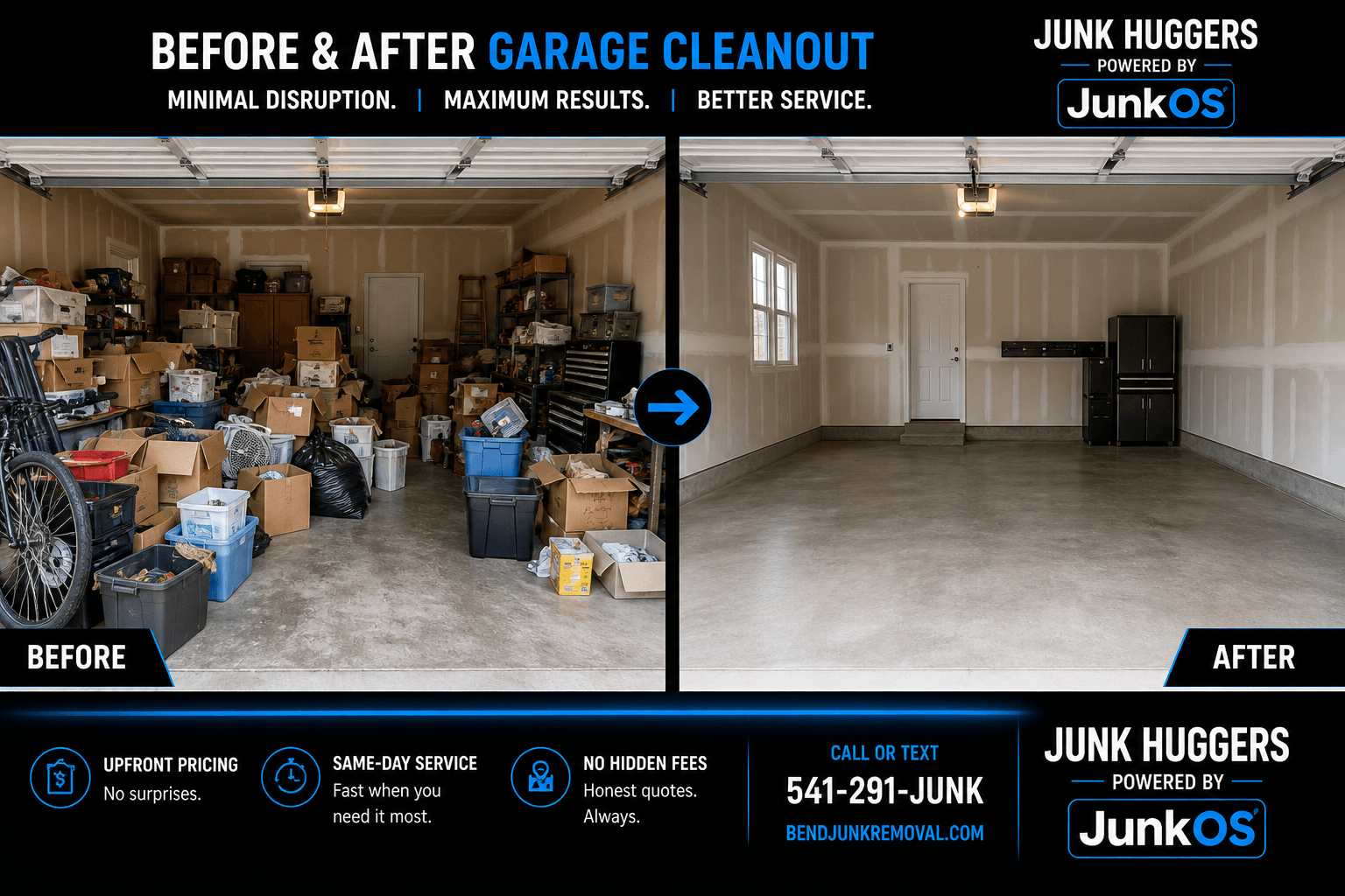 Before-and-after split image of a Bend garage cleanout job with a packed garage on the left and a cleared garage on the right