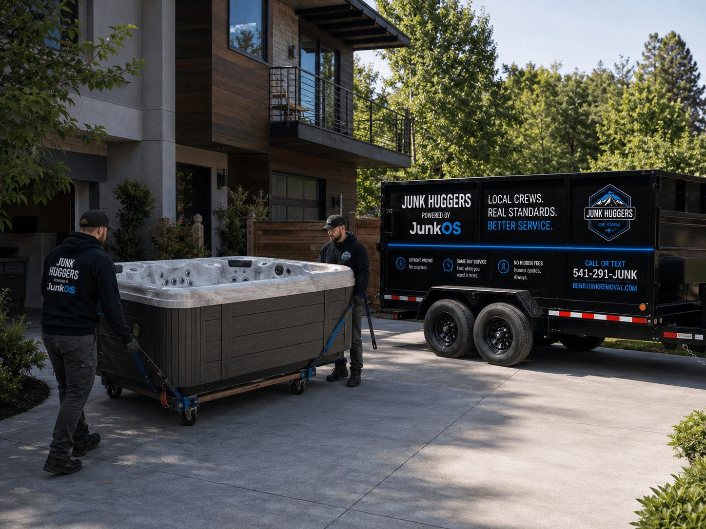 Junk Huggers crew moving a hot tub on a dolly for removal in Bend, Oregon