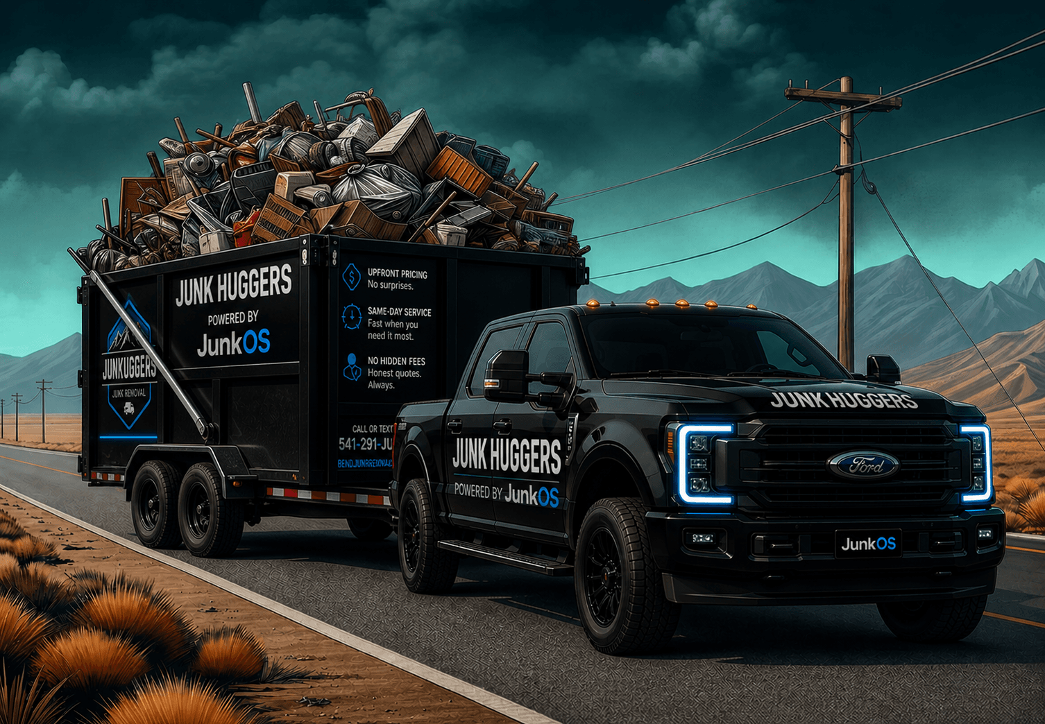 Junk Huggers truck and trailer loaded for residential junk removal