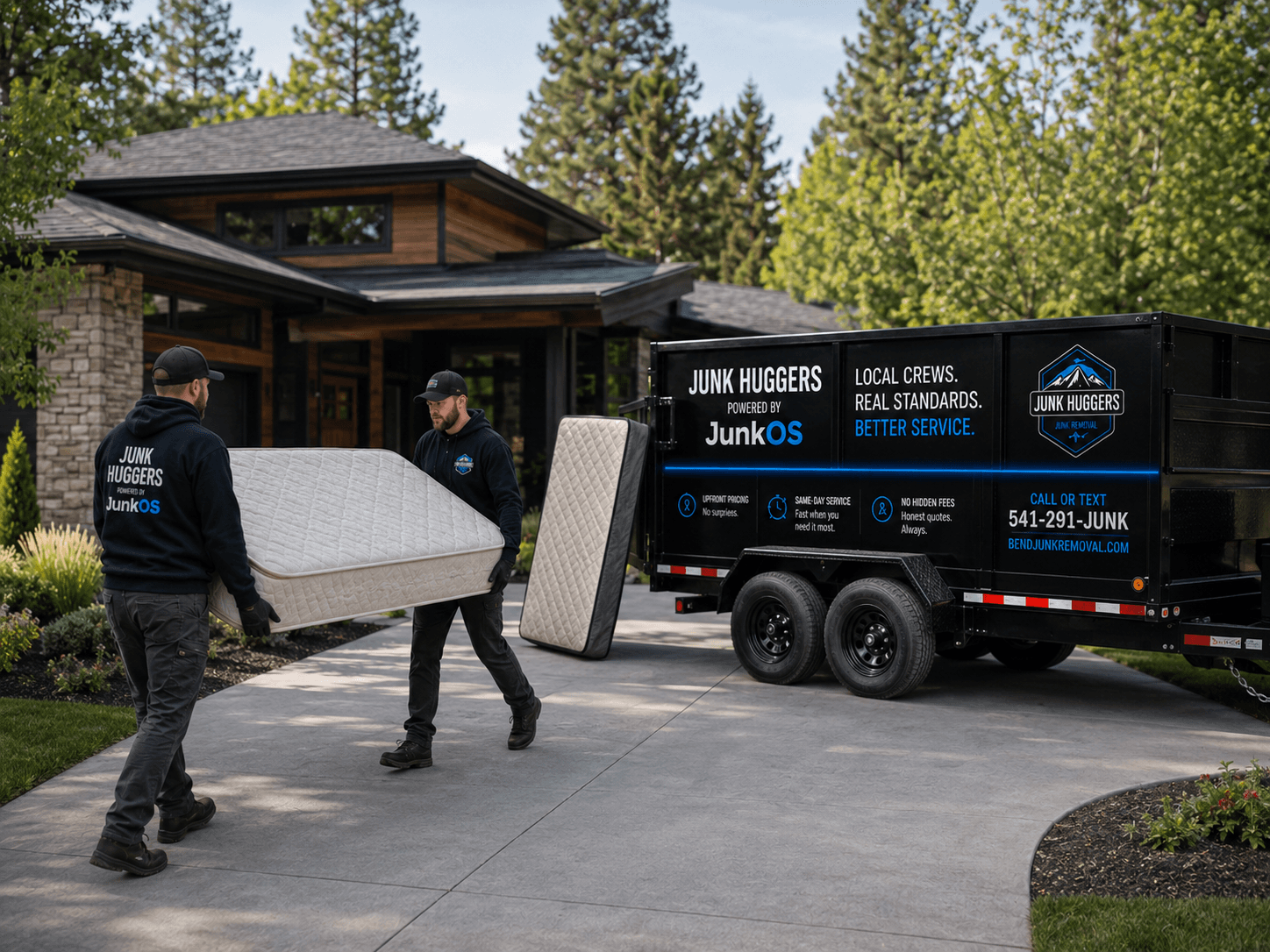 Junk Huggers crew loading mattresses for removal in Bend, Oregon
