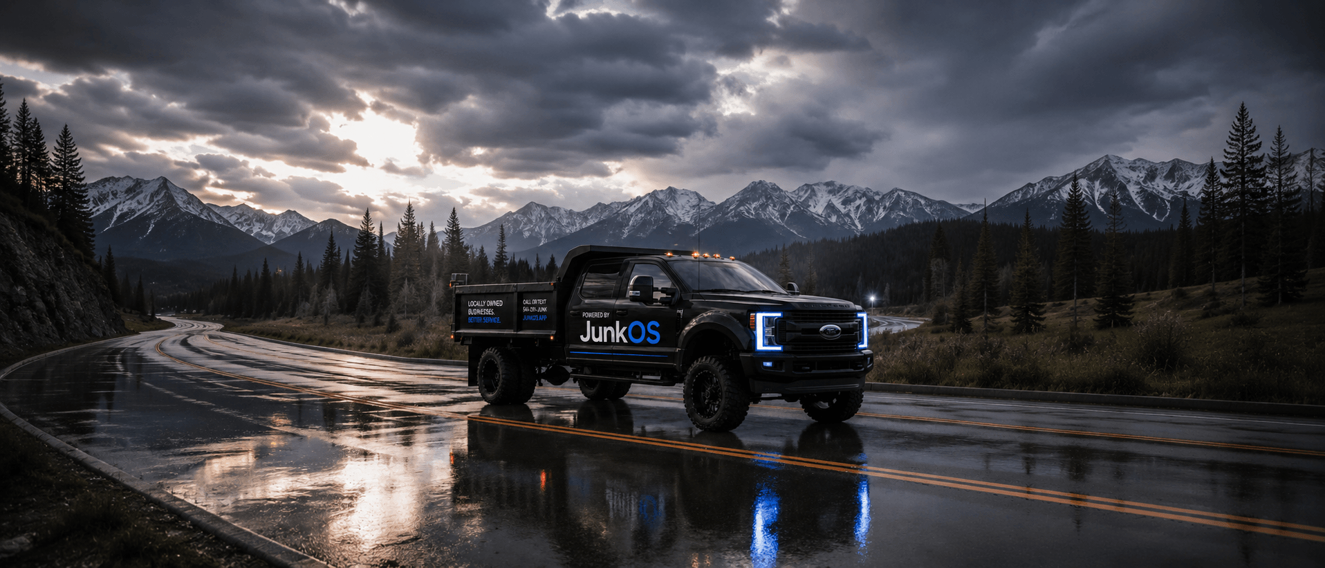 Lifted Junk Huggers Ford F-350 dump truck with Powered by JunkOS branding on a wet mountain highway at dusk