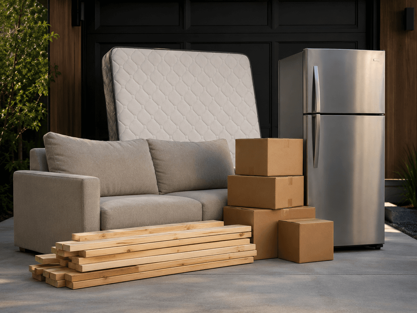 Real photo of a sofa, mattress, lumber, boxes, and refrigerator staged outside a garage — the exact items the JunkCart will itemize