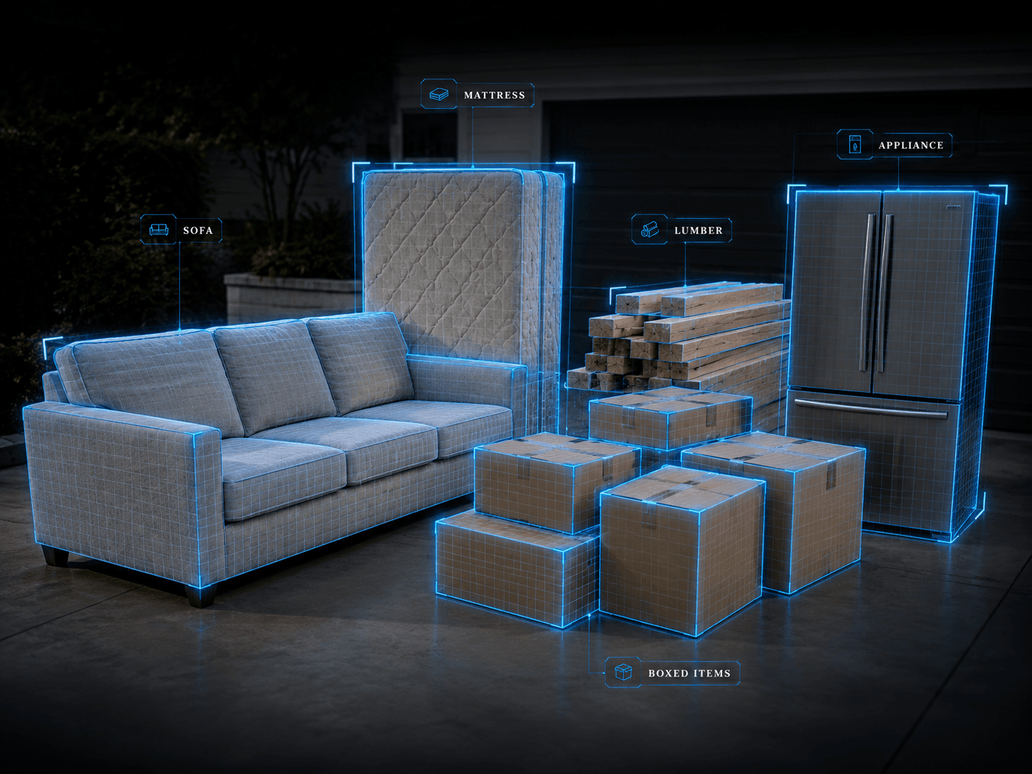 Same sofa, mattress, lumber, boxed items, and appliance with cyan JunkOS AI bounding-box overlays labeling each item