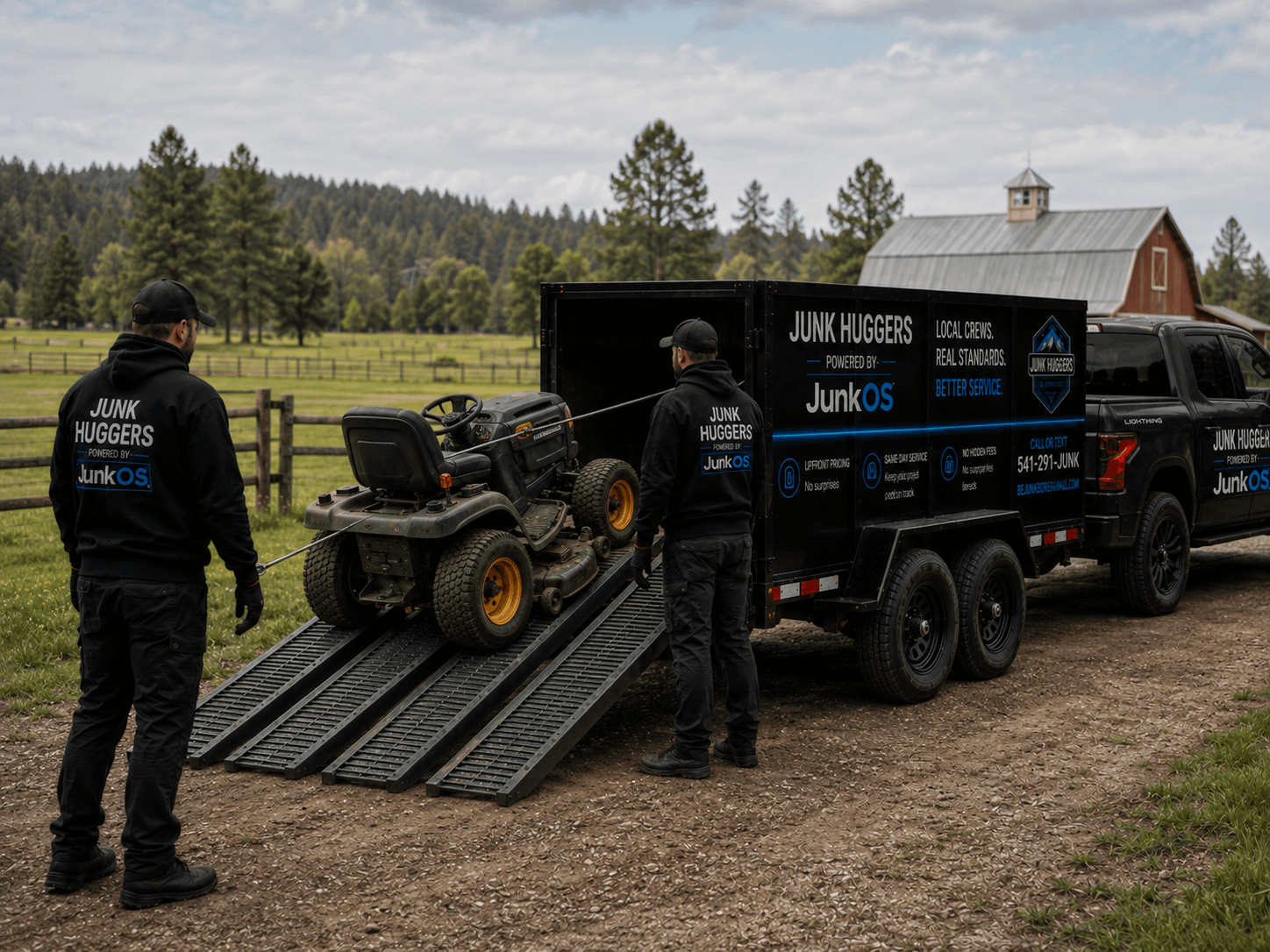 Junk Huggers crew loading an old riding lawn mower into the truck for removal