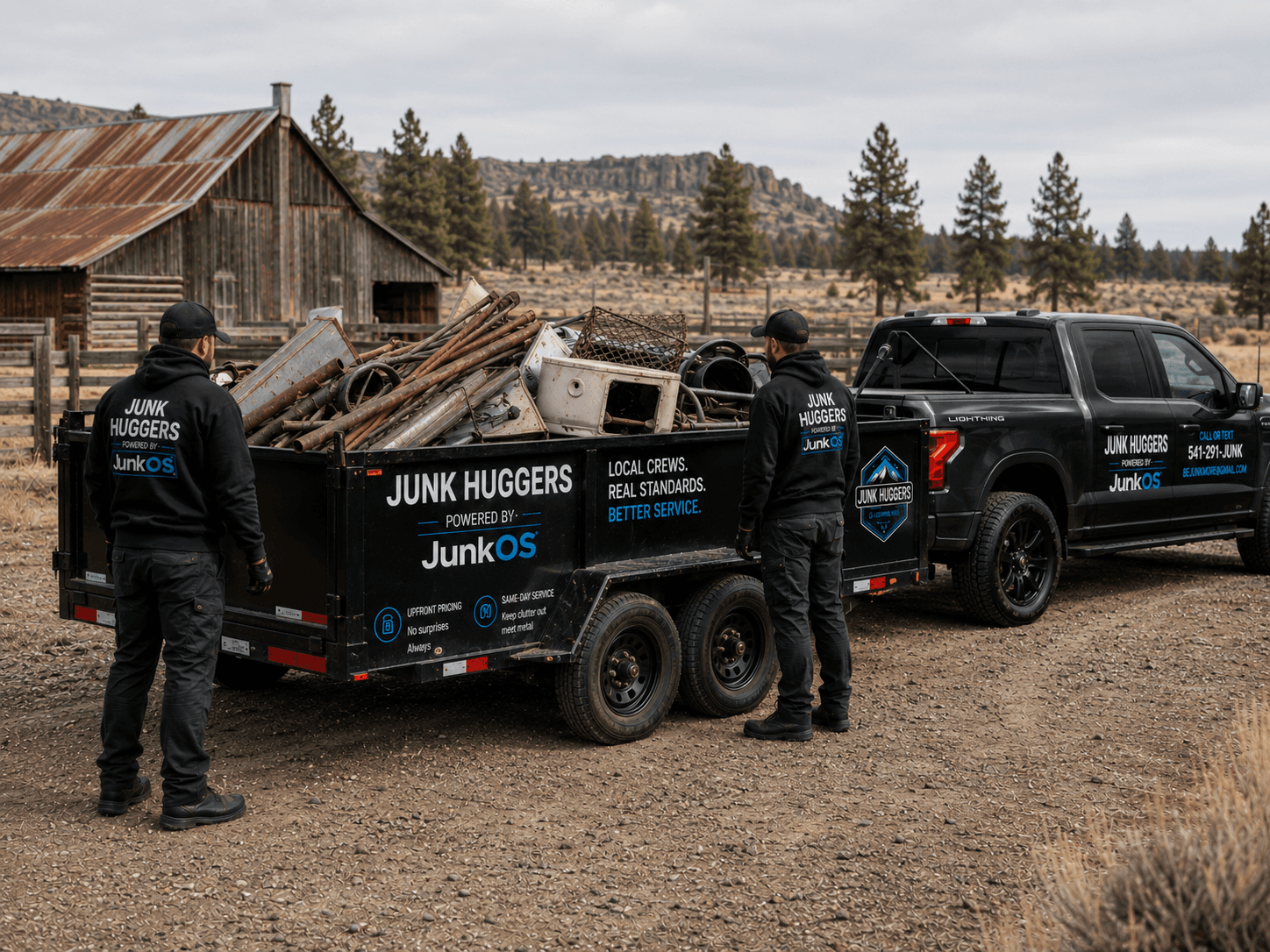 Junk Huggers crew loading scrap metal including old appliances and metal furniture for recycling