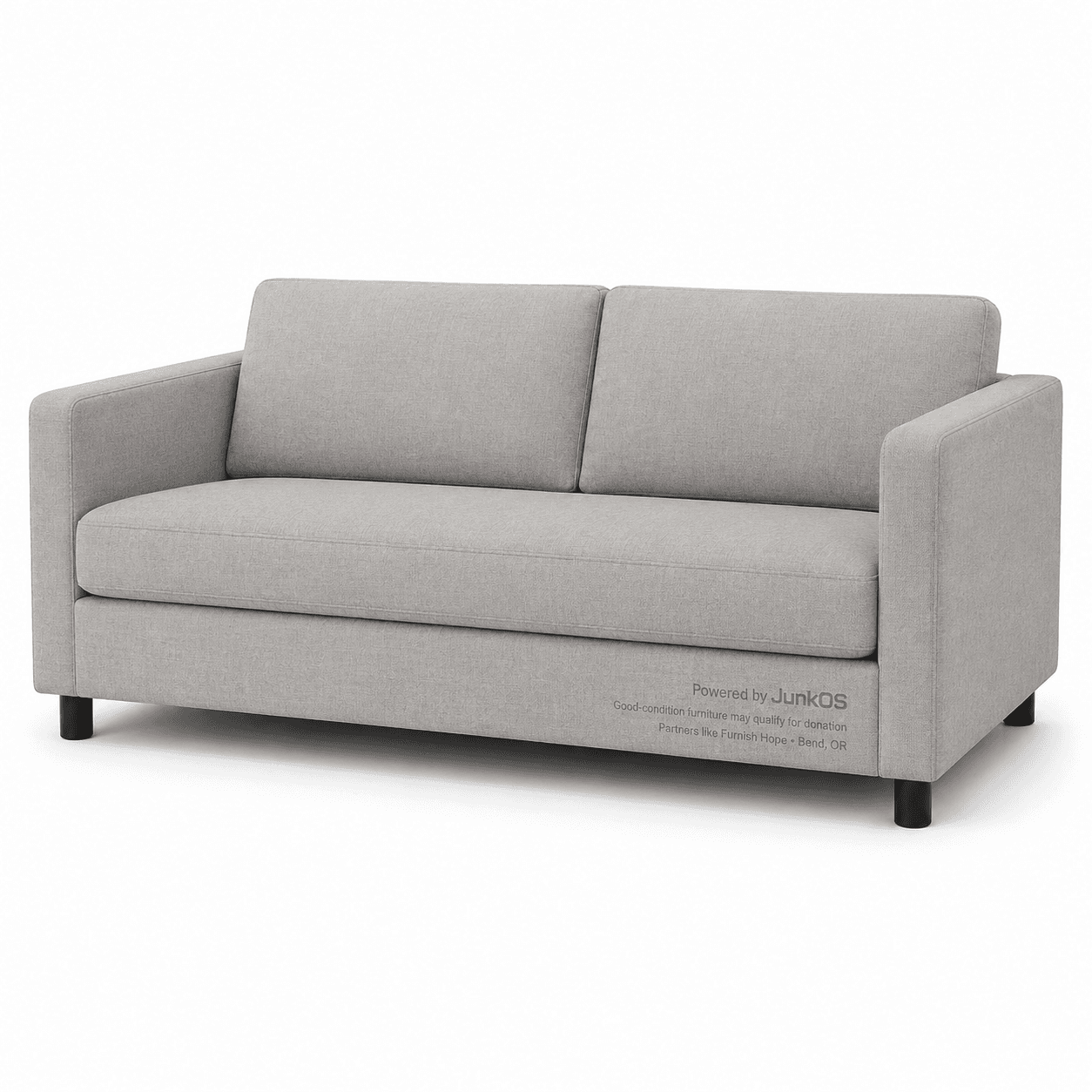 Donation-friendly gray loveseat sofa with subtle JunkOS label