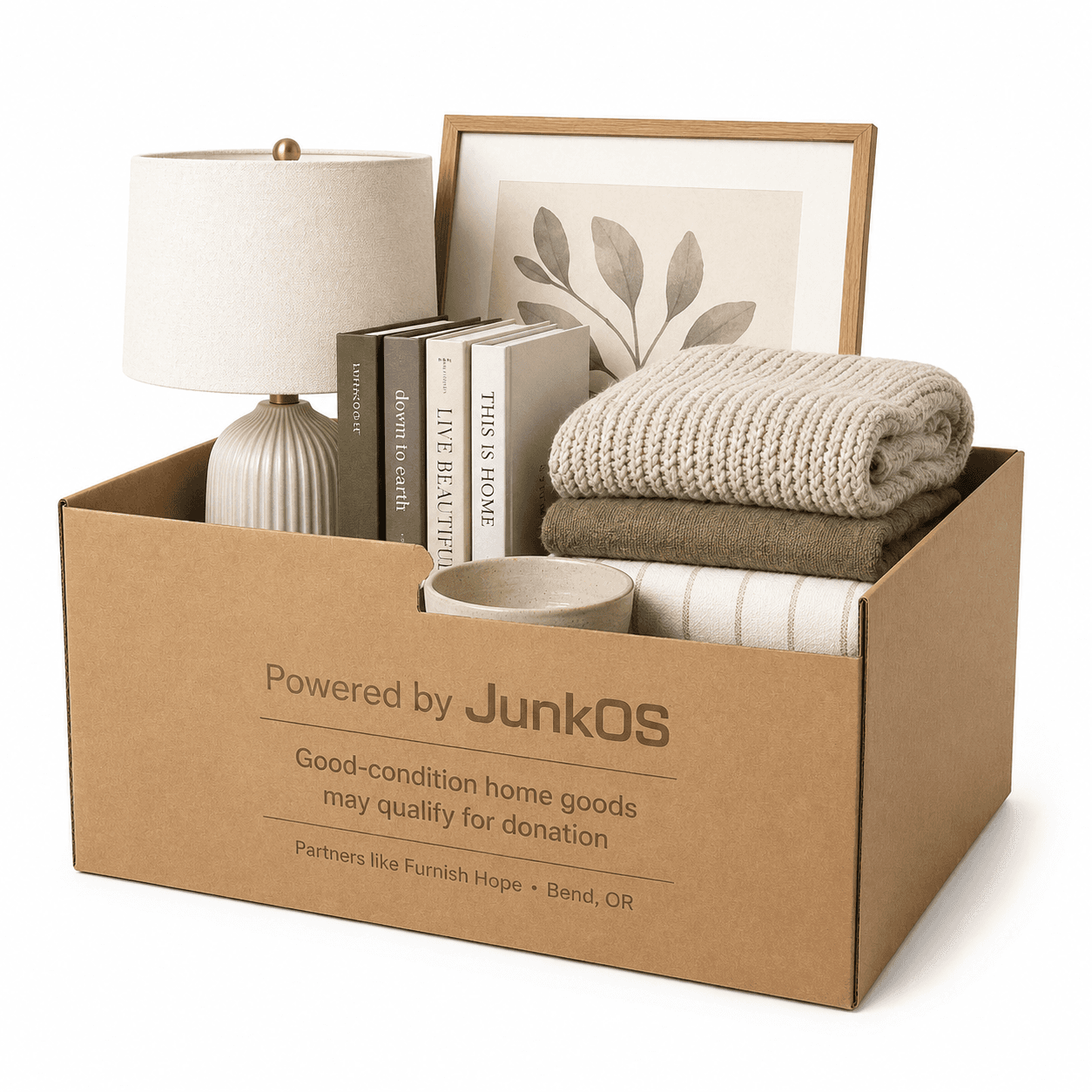 Donation-friendly cardboard box filled with home goods