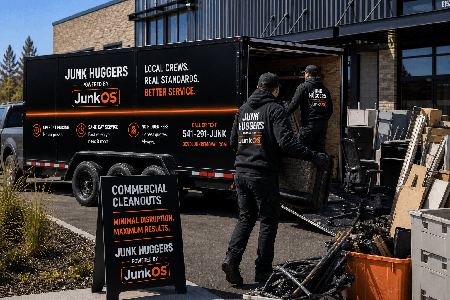 Junk Huggers crew loading a commercial cleanout into the branded trailer