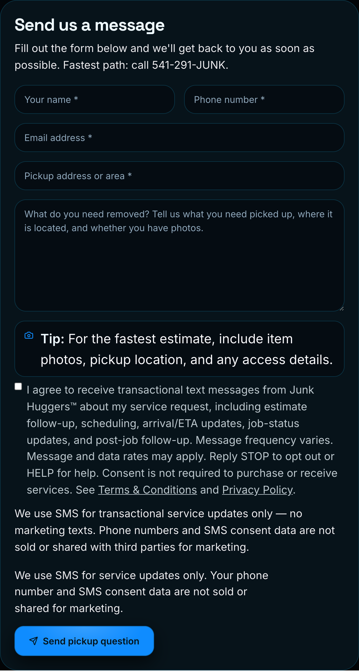 The Junk Huggers contact form at /contact with the optional, unchecked SMS consent checkbox and its full consent language below the name, phone, and email fields.